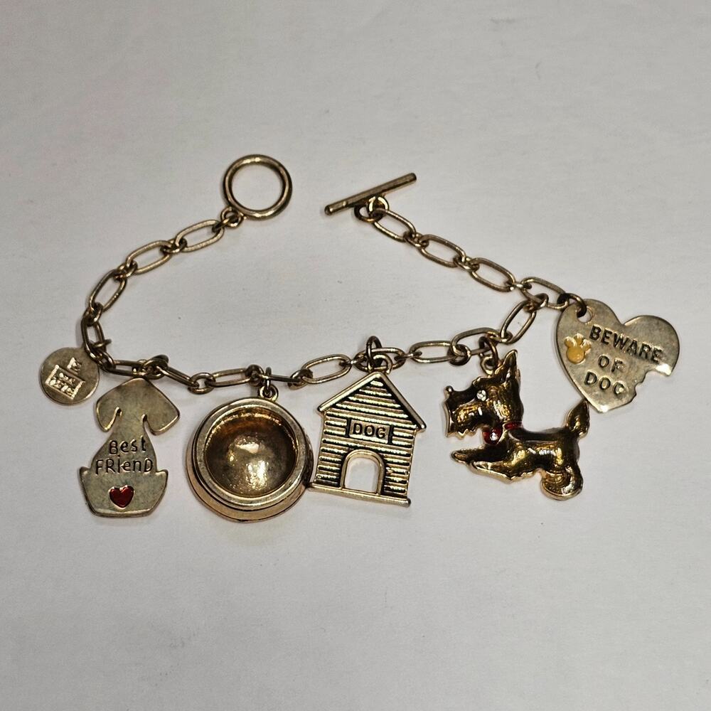 Liz Claiborne I Love Dogs Charm Bracelet Scottie Woof Doghouse Pet Goldtone Vtg